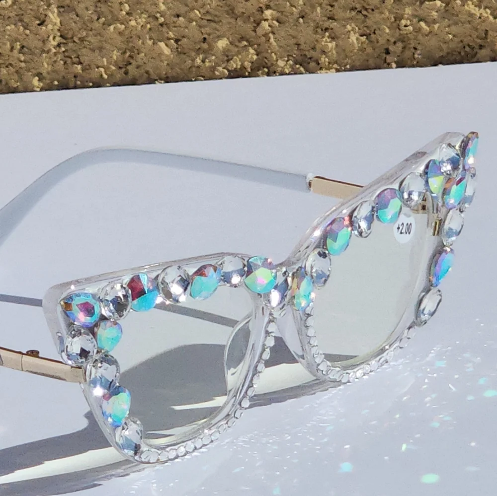 Women's Bling Cat Eye Readers Colorful Rhinestones AB Reading Glasses White+1.00